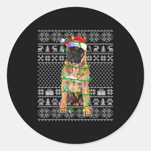 Bullmastiff Christmas Lights Ugly Sweater Funny Pe Ronde Sticker (Voorkant)