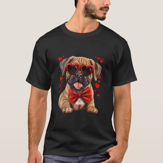 Bullmastiff Dog Hearts Zonnebril Rode Boog Stropda T-shirt (Voorkant)