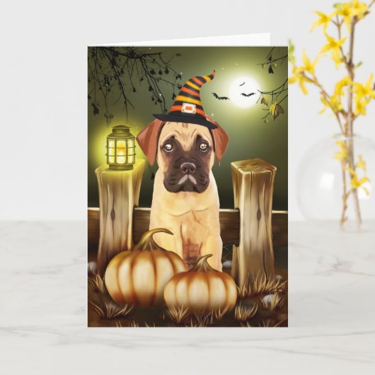 Bullmastiff Dog met Heks Pet Halloween Kaart (Gele Bloem)