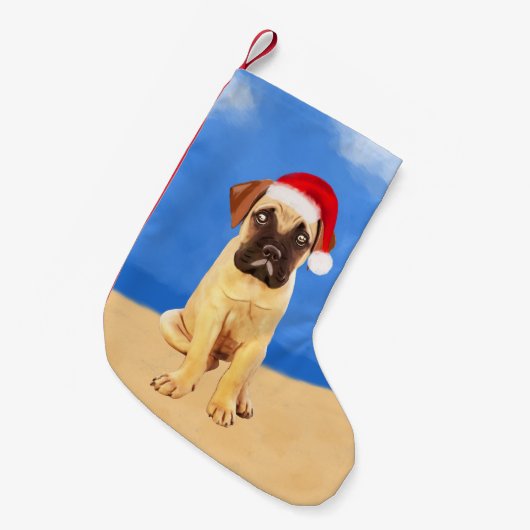 Bullmastiff Dog Op Strand Kerst Pet Kleine Kerstsok (Voorkant (Hangend))