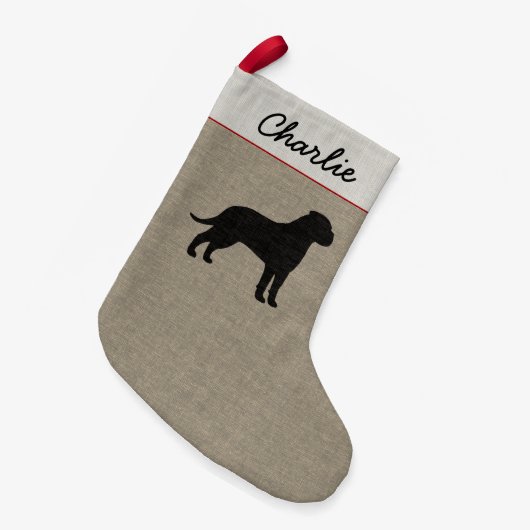 Bullmastiff Dog Silhouette Faux Linen Vakantie Kleine Kerstsok (Voorkant (Hangend))