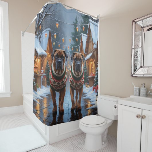 Bullmastiff Dogs Christmas Snow Holiday Douchegordijn (In situ)