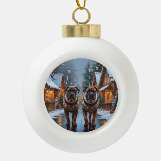 Bullmastiff Dogs Christmas Snow Holiday  Keramische Bal Ornament (Voorkant)