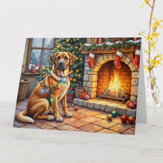 Bullmastiff Fireplace with Christmas Lights Kaart (Gele Bloem)