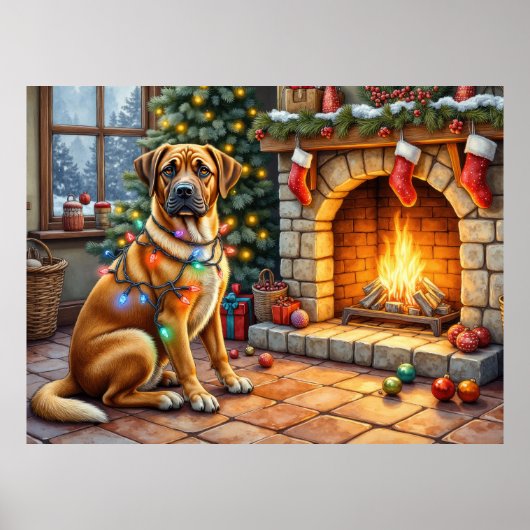 Bullmastiff Fireplace with Christmas Lights Poster (Voorkant)