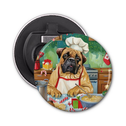 Bullmastiff Holiday Baking: Feestelijke Kerst Button Flesopener (Voorkant)