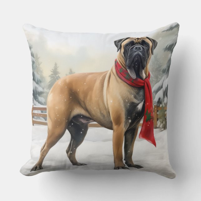 Bullmastiff hond in de sneeuw Kerstmis Kussen (Voorkant)