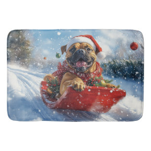 Bullmastiff Hond in Sledge Laat het Sneeuw Kerstmi Badmat