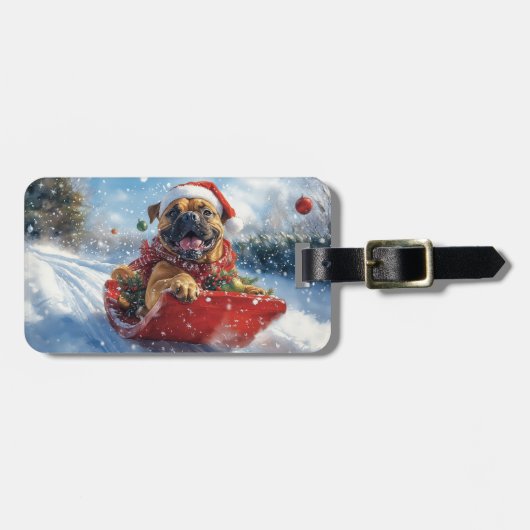 Bullmastiff Hond in Sledge Laat het Sneeuw Kerstmi Bagagelabel (Voorkant horizontaal)