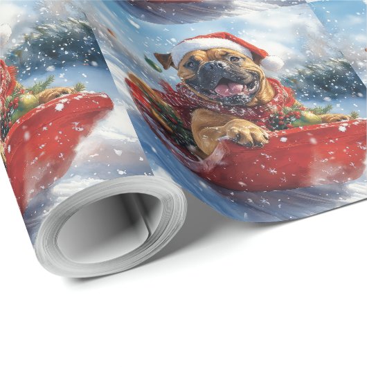 Bullmastiff Hond in Sledge Laat het Sneeuw Kerstmi Cadeaupapier (Rol Hoek)