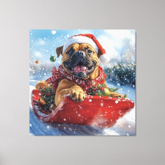 Bullmastiff Hond in Sledge Laat het Sneeuw Kerstmi Canvas Afdruk (Voorkant)