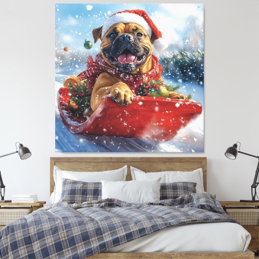 Bullmastiff Hond in Sledge Laat het Sneeuw Kerstmi Canvas Afdruk (Insitu (Slaapkamer))