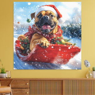 Bullmastiff Hond in Sledge Laat het Sneeuw Kerstmi Canvas Afdruk
