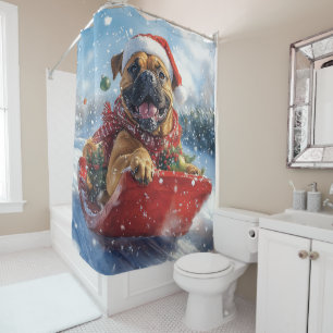 Bullmastiff Hond in Sledge Laat het Sneeuw Kerstmi Douchegordijn
