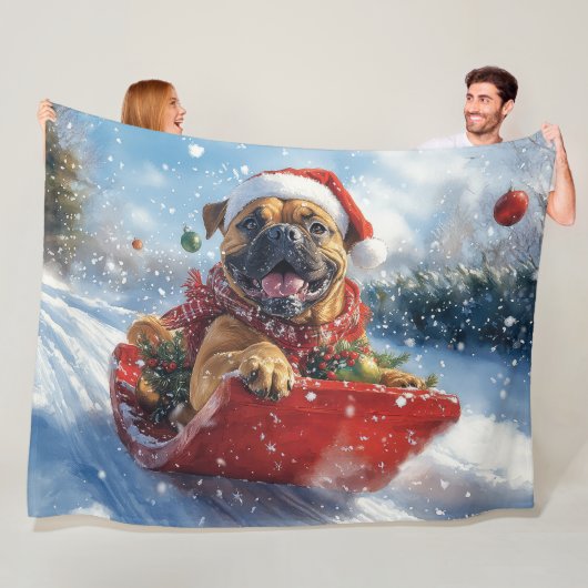 Bullmastiff Hond in Sledge Laat het Sneeuw Kerstmi Fleece Deken (In situ)