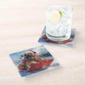 Bullmastiff Hond in Sledge Laat het Sneeuw Kerstmi Glazen Onderzetter (Schuin)