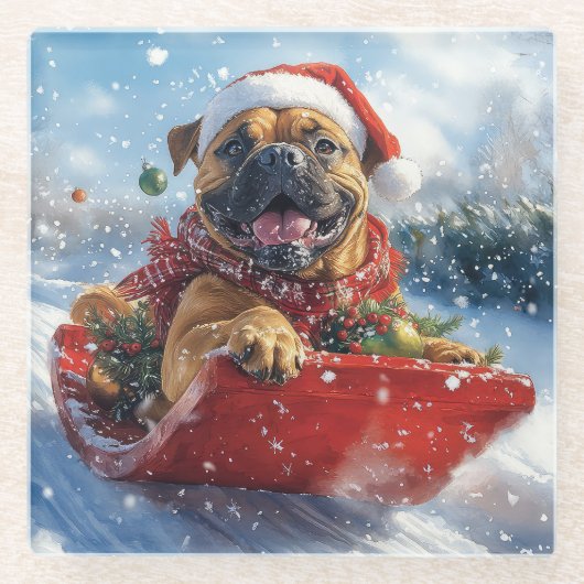 Bullmastiff Hond in Sledge Laat het Sneeuw Kerstmi Glazen Onderzetter (Voorkant)
