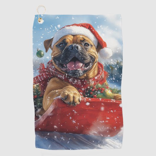 Bullmastiff Hond in Sledge Laat het Sneeuw Kerstmi Golfhanddoek (Voorkant)