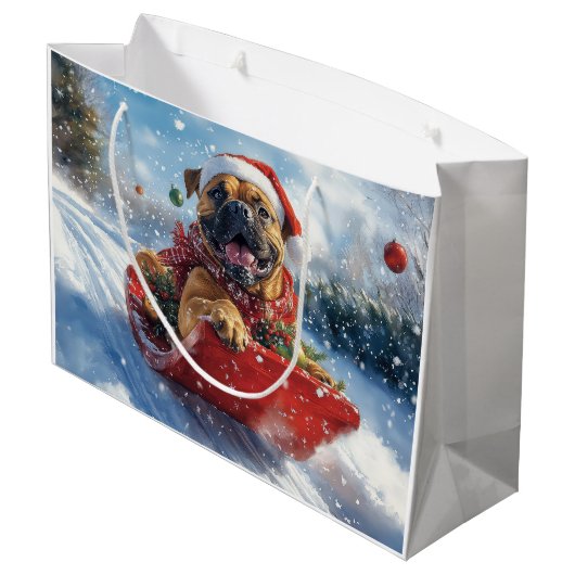 Bullmastiff Hond in Sledge Laat het Sneeuw Kerstmi Groot Cadeauzakje (Achterkant Gekanteld)