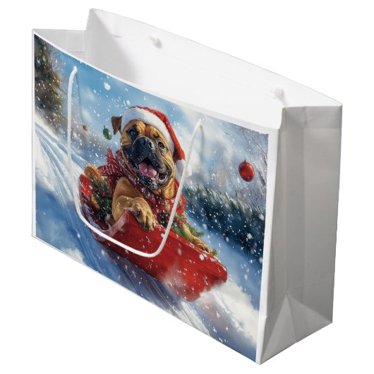 Bullmastiff Hond in Sledge Laat het Sneeuw Kerstmi Groot Cadeauzakje (Voorkant Gekanteld)