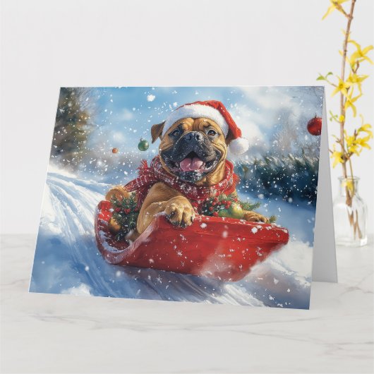 Bullmastiff Hond in Sledge Laat het Sneeuw Kerstmi Kaart (Gele Bloem)