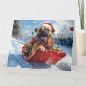 Bullmastiff Hond in Sledge Laat het Sneeuw Kerstmi Kaart (Voorkant)