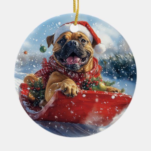 Bullmastiff Hond in Sledge Laat het Sneeuw Kerstmi Keramisch Ornament (Voorkant)