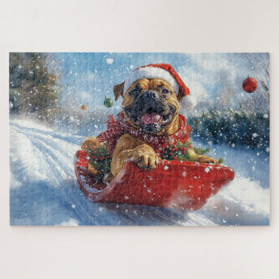 Bullmastiff Hond in Sledge Laat het Sneeuw Kerstmi Legpuzzel