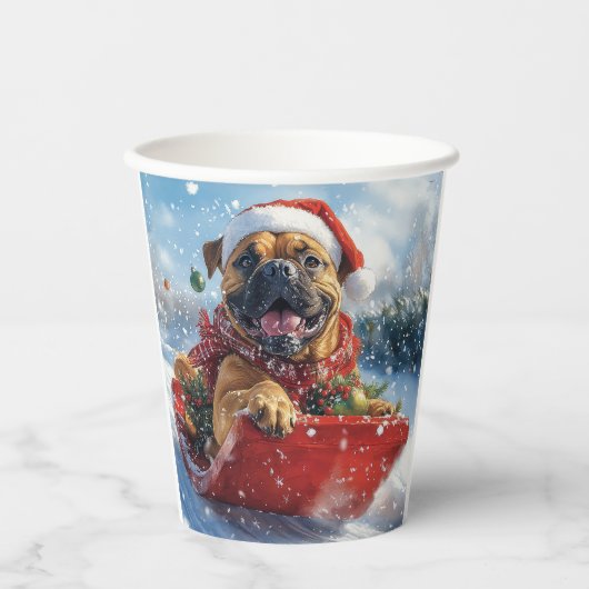 Bullmastiff Hond in Sledge Laat het Sneeuw Kerstmi Papieren Bekers (Voorkant)