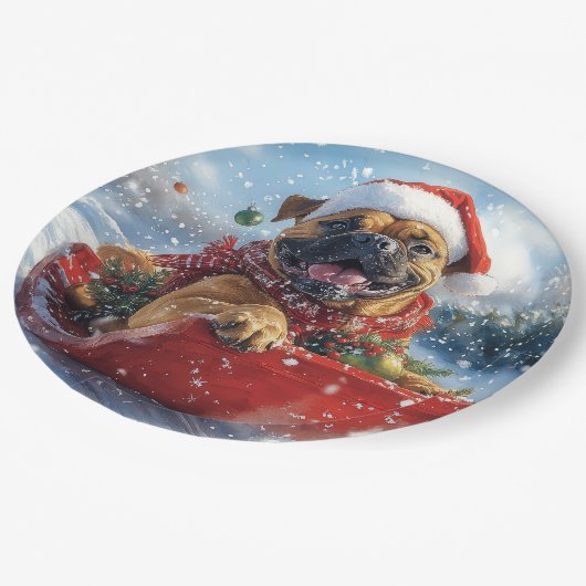 Bullmastiff Hond in Sledge Laat het Sneeuw Kerstmi Papieren Bordje (Gekanteld)