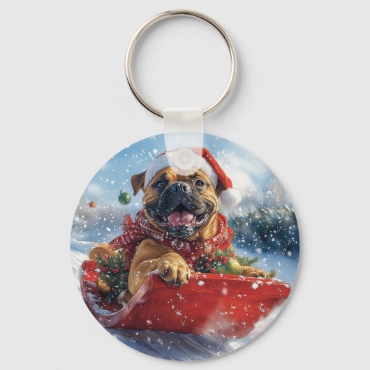 Bullmastiff Hond in Sledge Laat het Sneeuw Kerstmi Sleutelhanger (Voorkant)