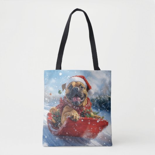 Bullmastiff Hond in Sledge Laat het Sneeuw Kerstmi Tote Bag (Voorkant)