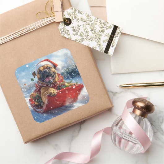 Bullmastiff Hond in Sledge Laat het Sneeuw Kerstmi Vierkante Sticker (Geschenken)