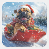Bullmastiff Hond in Sledge Laat het Sneeuw Kerstmi Vierkante Sticker (Voorkant)