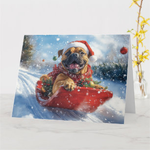 Bullmastiff hond in slee laat het sneeuwen Kerstmi Kaart