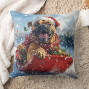 Bullmastiff hond in slee Laat het sneeuwen Kerstmi Kussen