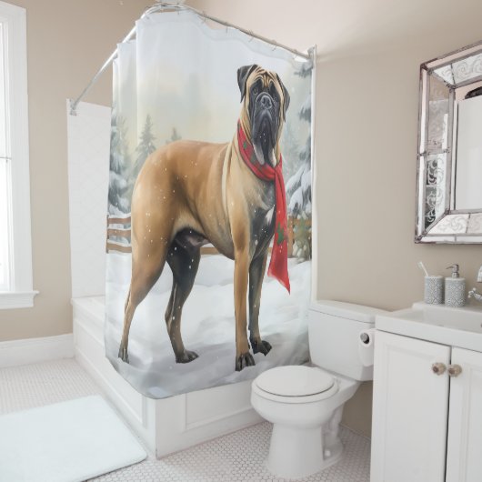 Bullmastiff Hond in Sneeuw Kerstmis Douchegordijn (In situ)