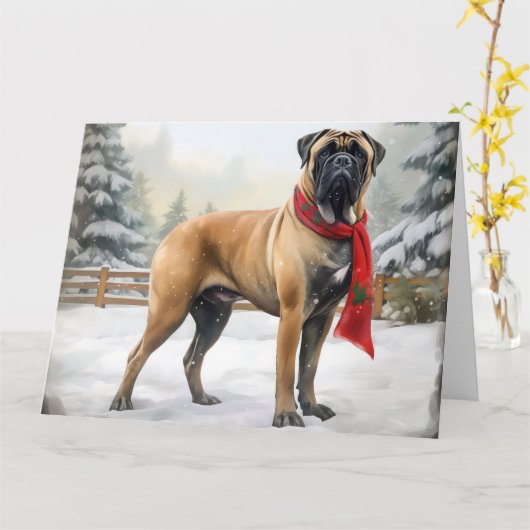 Bullmastiff Hond in Sneeuw Kerstmis Kaart (Gele Bloem)
