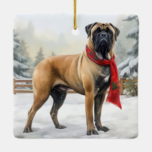 Bullmastiff Hond in Sneeuw Kerstmis Keramisch Ornament (Achterkant)