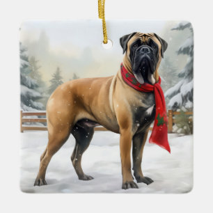 Bullmastiff Hond in Sneeuw Kerstmis Keramisch Ornament