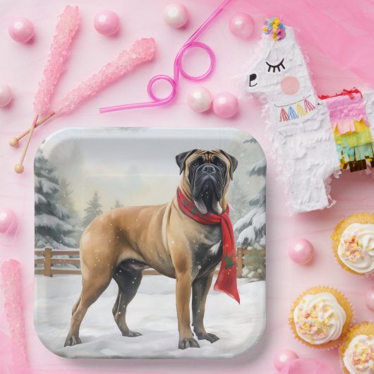 Bullmastiff Hond in Sneeuw Kerstmis Papieren Bordje (Feest)