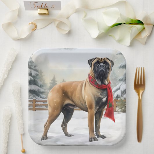Bullmastiff Hond in Sneeuw Kerstmis Papieren Bordje (Huwelijk)