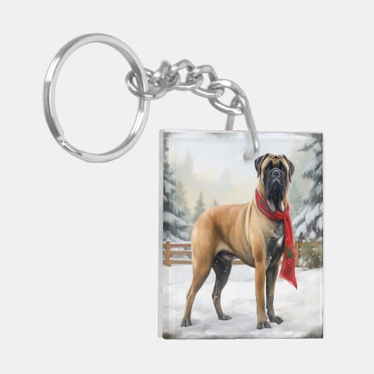Bullmastiff Hond in Sneeuw Kerstmis Sleutelhanger (Voorkant Links)