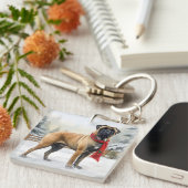 Bullmastiff Hond in Sneeuw Kerstmis Sleutelhanger (Voorkant Rechts)