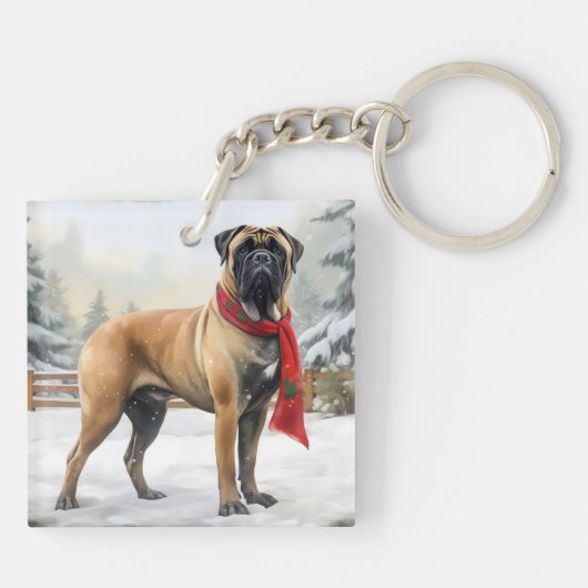 Bullmastiff Hond in Sneeuw Kerstmis Sleutelhanger (Achterkant)