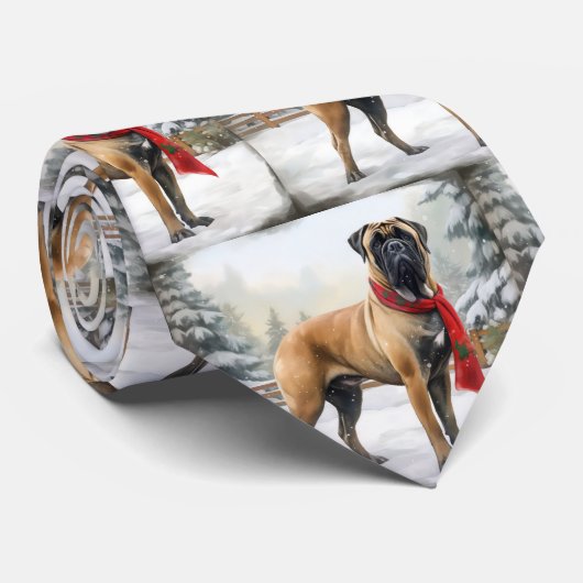 Bullmastiff Hond in Sneeuw Kerstmis Stropdas (Opgerold)