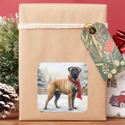 Bullmastiff Hond in Sneeuw Kerstmis Vierkante Sticker (Feestdagen)