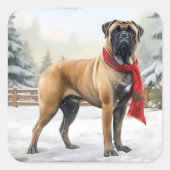 Bullmastiff Hond in Sneeuw Kerstmis Vierkante Sticker (Voorkant)