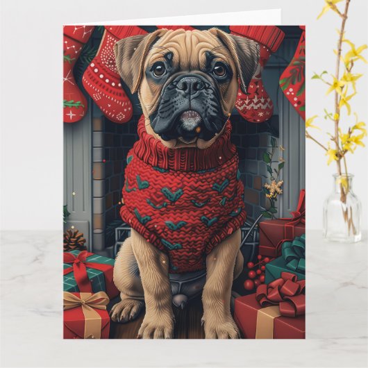 Bullmastiff-hond met kerstcadeaus open haard kaart (Gele Bloem)