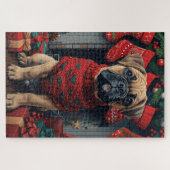 Bullmastiff hond met kerstcadeaus open haard legpuzzel (Horizontaal)